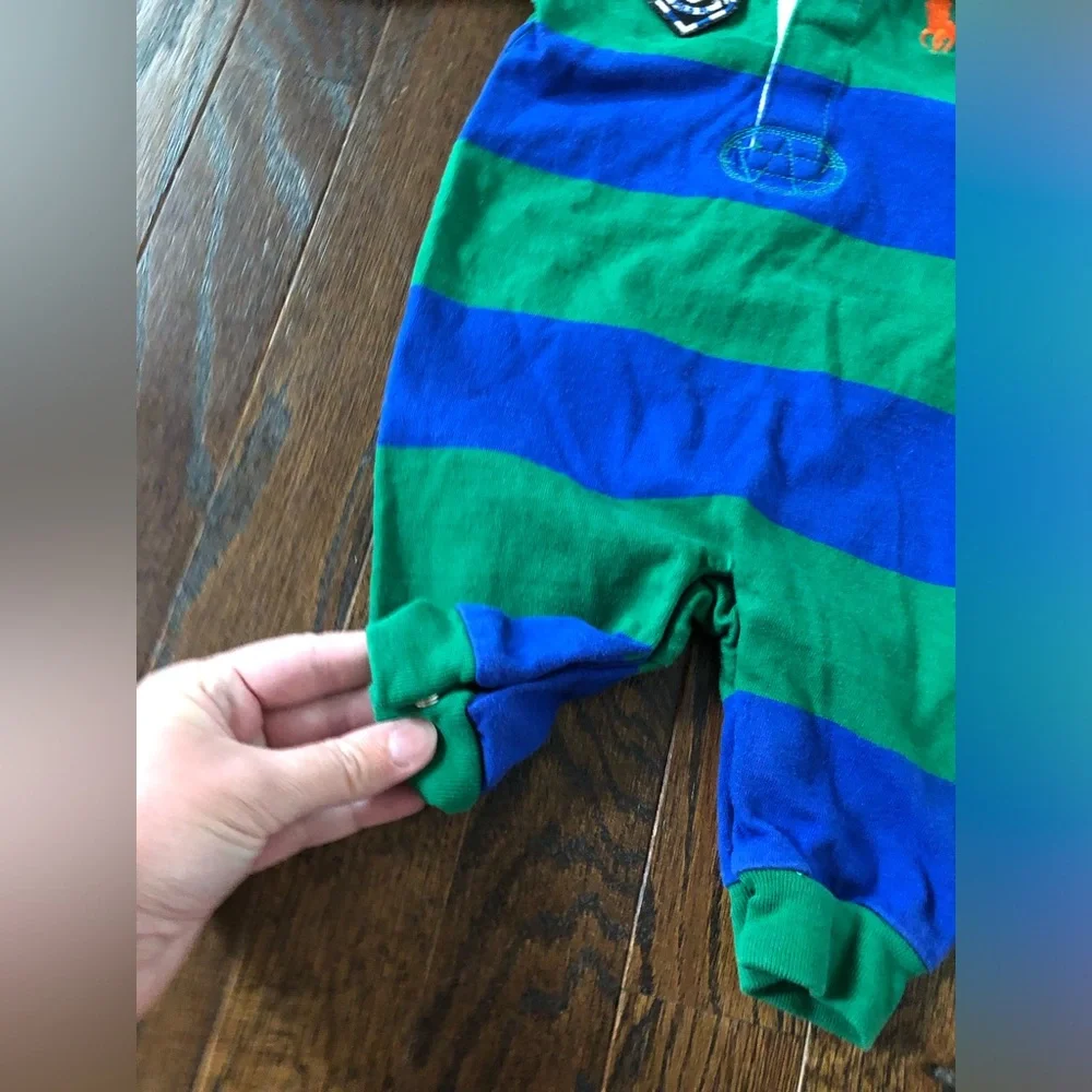 Ralph Lauren Boys 3M Green/Blue Stripe Rugby Collared Polo Long-Sleeve One Piece
